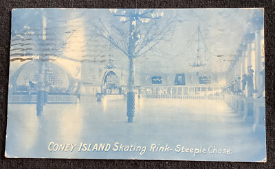 Interior Coney Island NY Amusement Park Skating Rink Steeple Chase Postcard