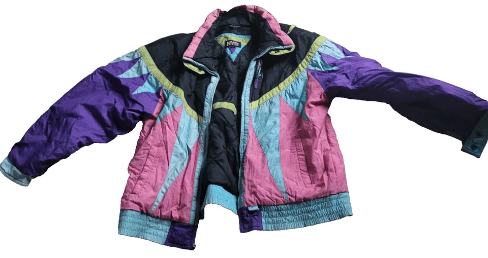 Abrigo de Invierno Bombardero Geométrico Nailon Vintage Años 90 Nueva York Niña Talla L Foto 2 de 4