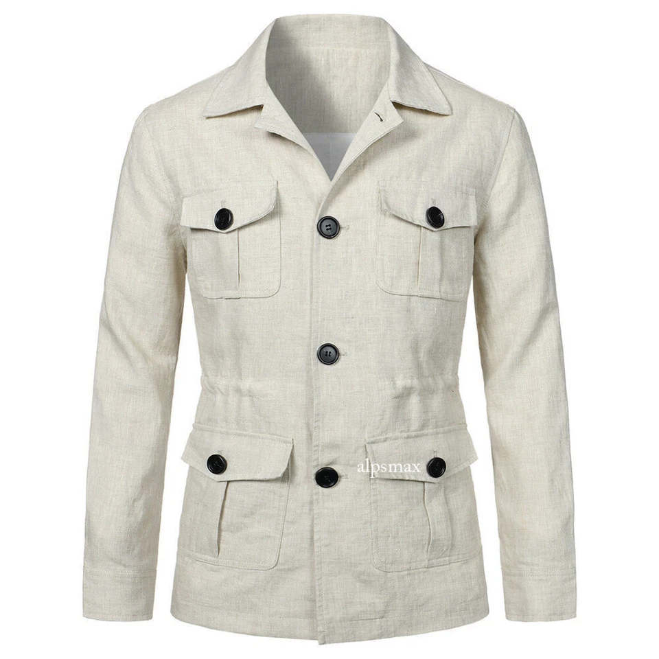 Men's 100% Linen Safari Jacket Pockets Slim Fit Hunting Coat Casual Tops British - Image 2 of 4