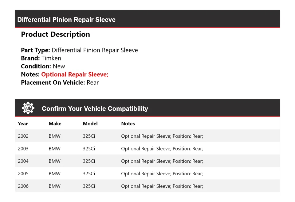 Manguito de reparación de piñón diferencial Timken 2003 2004 para BMW 325Ci 2002-2006 Foto 2 de 4