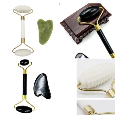 Doppel köpfe jade gesicht roller gua sha werkzeug set für haut lift falten