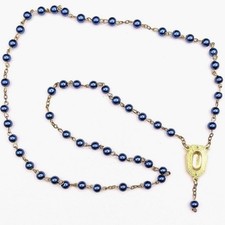 Vintage Blue Pearl Bead Rosary Necklace w/ Gold Tone Miraculous Medal Catholic