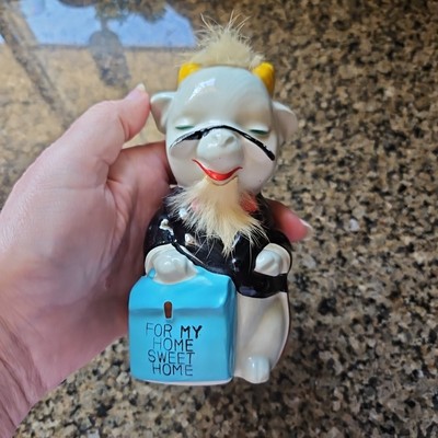 Vintage FOR MY HOME SWEET HOME Anthropomorphic Billy Goat Ram Coin Bank Real Fur