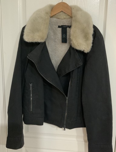 Calvin Klein Faux Fur Women’s Collar Asymmetrical Zip Twill Motor Jacket SZ XL - Picture 5 of 5