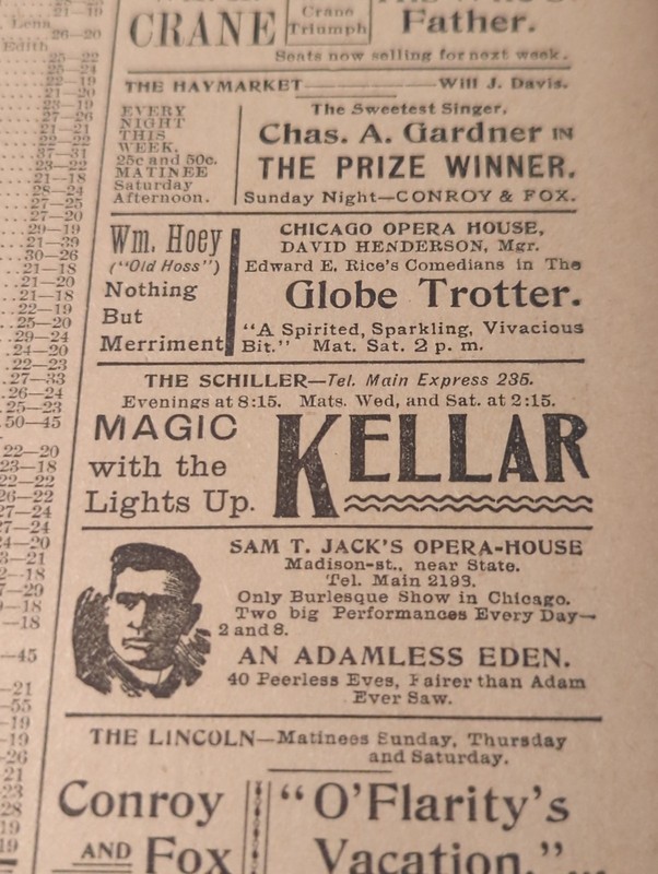 SEPT 1895 NEWSPAPER PAGE #2606- HARRY KELLAR MAGICIAN, LIVE IN CHICAGO- 4 PAGES