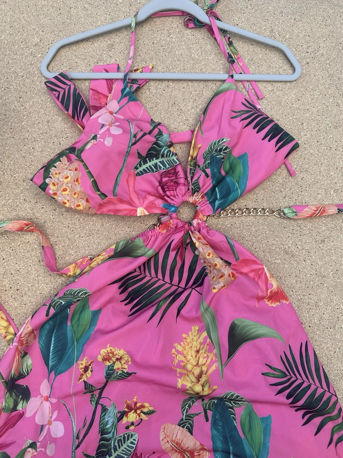 PALM ANGELS Maxi abito rosa floreale con reggicalze cintura in vita a catena taglia XL