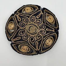 Vintage Rattan Trivet Woven Straw Hot Pad Navy Blue Beige Boho Kitchen Decor 7”