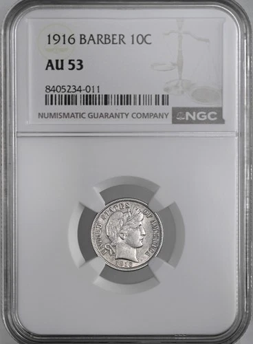 1916-P  10C BARBER SILVER DIME  "PHILADELPHIA"  NGC AU53  #8405234-011