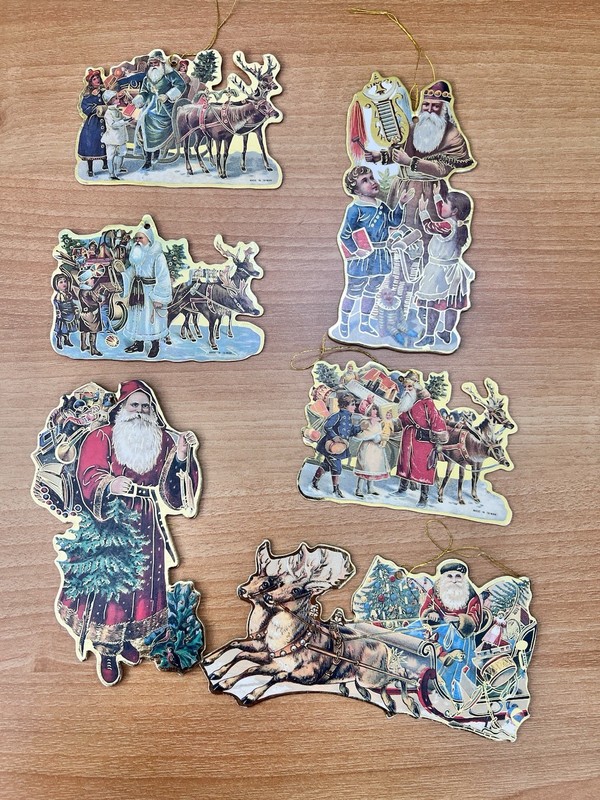 Vintage Die Cut Cardboard Santa Christmas Ornaments Double Sided Set of 6