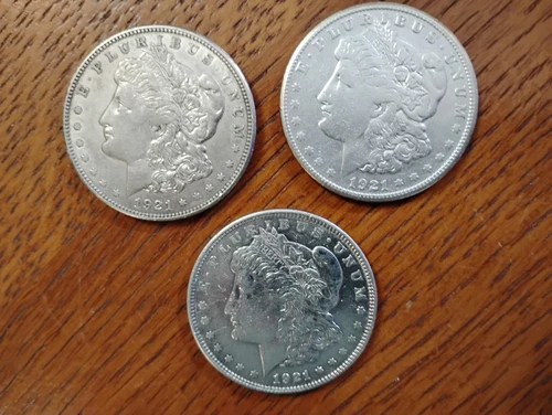 Morgan Silver Dollar 3 Coin Lot 1921-P, S & D 90% Silver