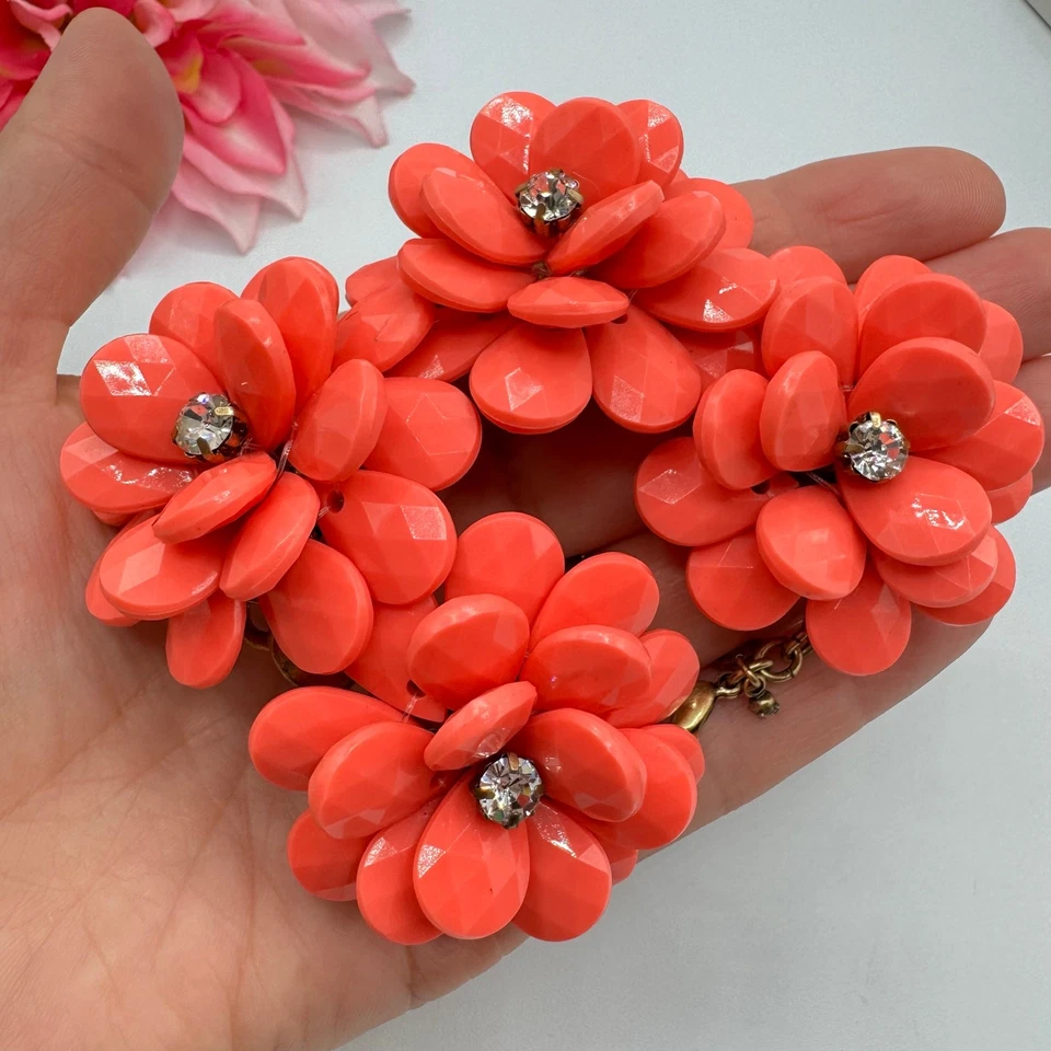 J. Crew Salmon Color Chunky Flower Bracelet Statement Signed Rhinestone Brass - Image 3 of 4