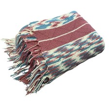 Vintage Handmade Crochet Knitted Sofa Throw Blanket Pink Blue Fringed 66x56