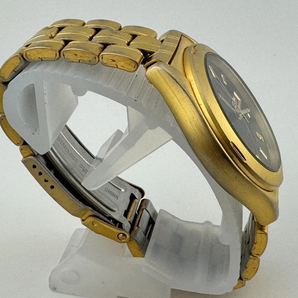 Lorus Quartz Watch Men Gold Tone Black Military Dial Day Date New Battery 6.75" - image 3 of 4