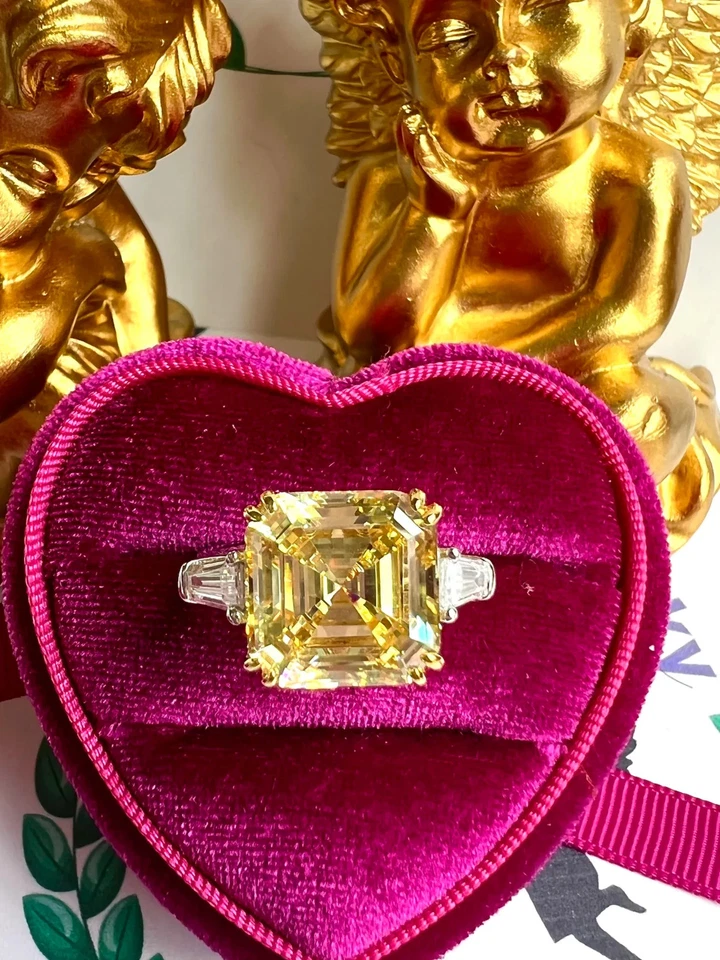 5.50 Ct Asscher Cut Certified Real Yellow Sapphire Diamond Ring 14K White Gold - Image 4 of 4