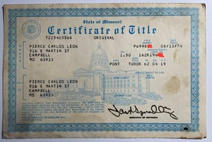 Classic Collectible 1962 Pontiac 2dr Missouri Certificate