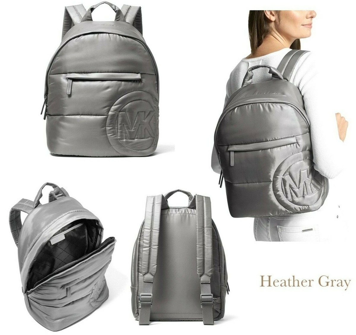 NWB Michael Kors Rae Medium Quilted Nylon Gray Backpack 35F1U5RB2C