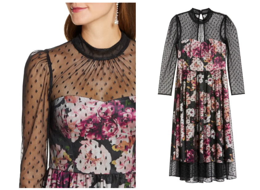 ELIZA J Black Floral Sheer Illusion Mesh Yoke Dot Overlay Midi Cocktail  Dress 12 | eBay