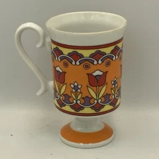 Vintage Floral Pedestal Coffe Cup Geometric Red Tulips And Forget-Me-Nots Love