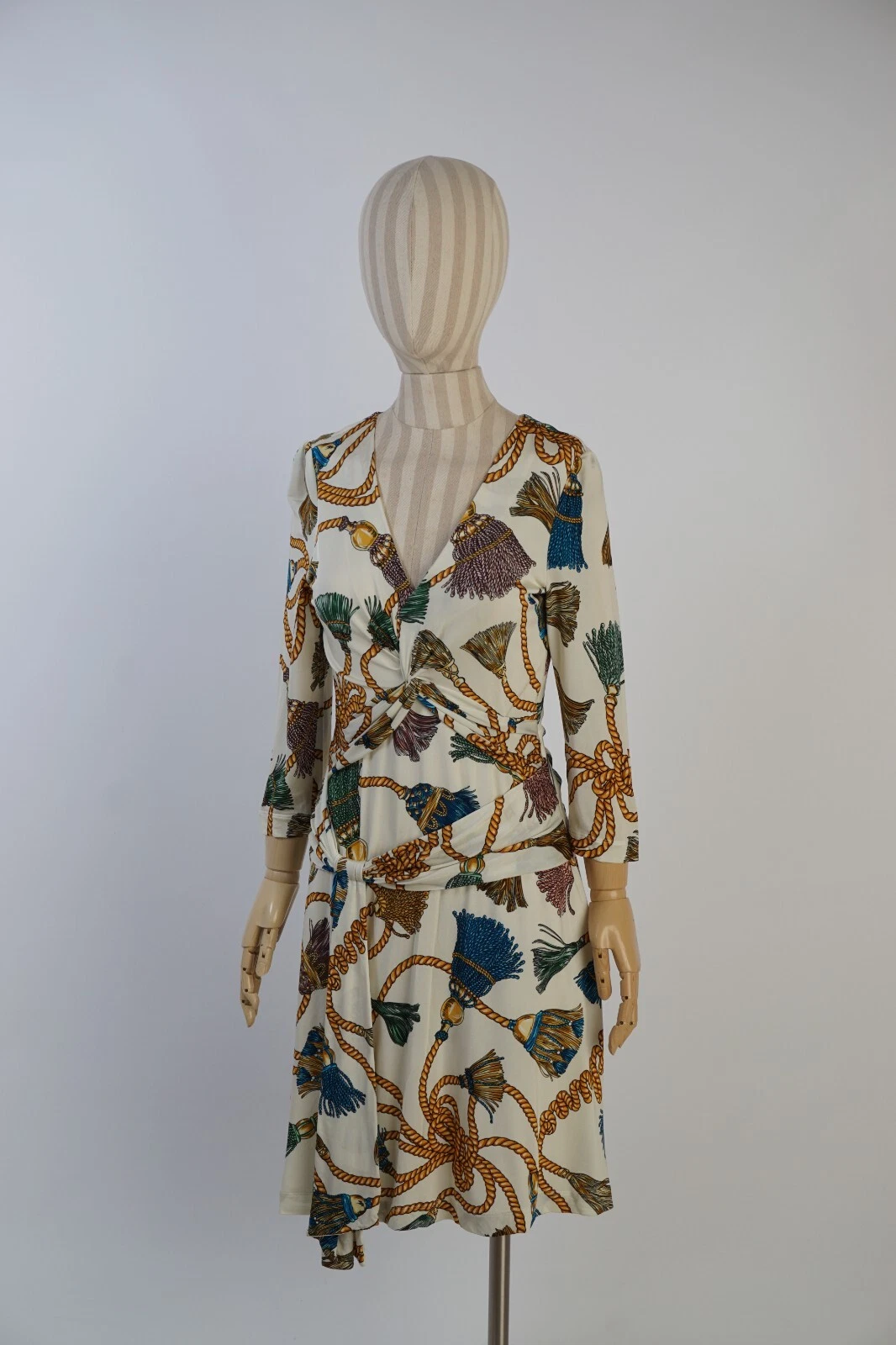 RARO Abito Moschino Couture Stampa Corda Cintura Bianco AUTENTICO TG 42 Scollo a V