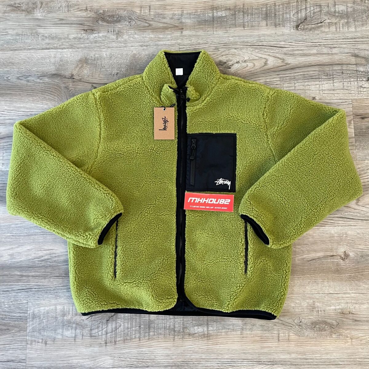 New Stussy Sherpa Reversible Jacket Fleece Zip Up Moss Green New Stussy Sherpa Reversible Jacket Fleece Zip Up Moss Green