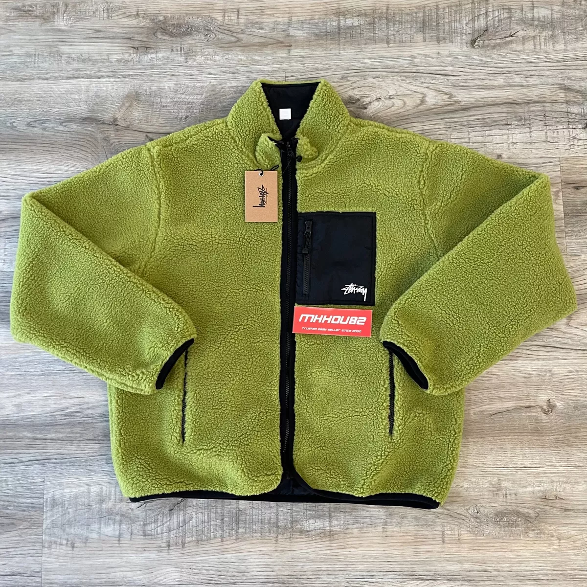 New Stussy Sherpa Reversible Jacket Fleece Zip Up Moss Green Black Size L