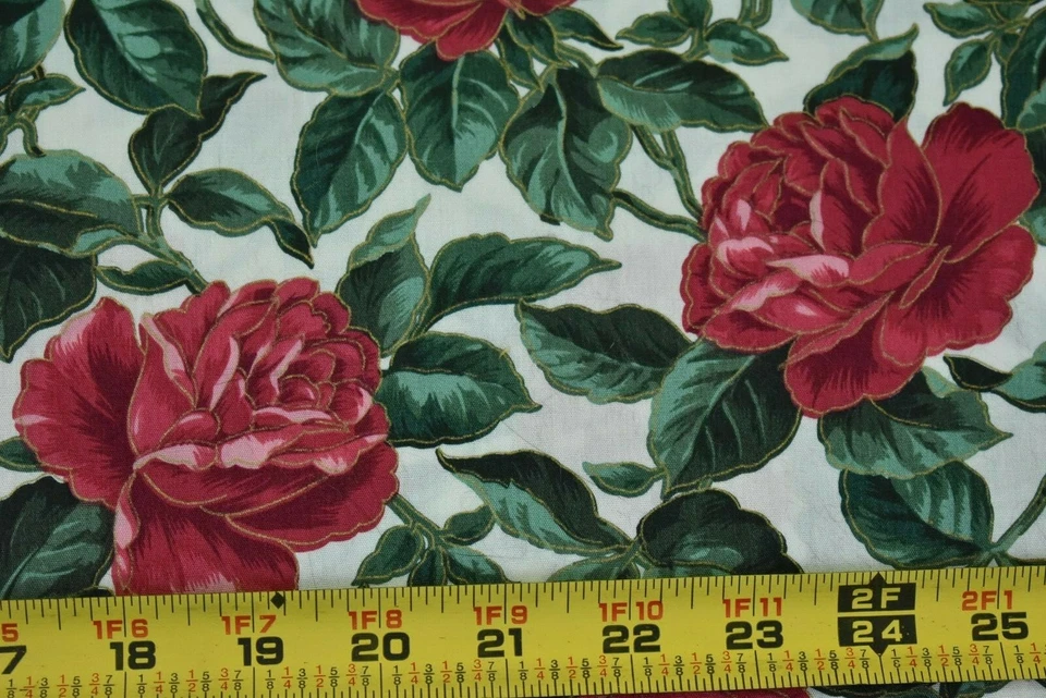 By 1/2 Yd, Vintage, Red Roses with Metallic-Gold on Cream Cotton, Kona Bay,B1356 - Image 2 of 4