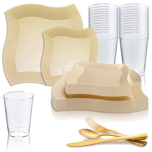 Disposable Plastic Dinnerware Set Party Package Square Wave Design Dinner Plates - Picture 25 of 57