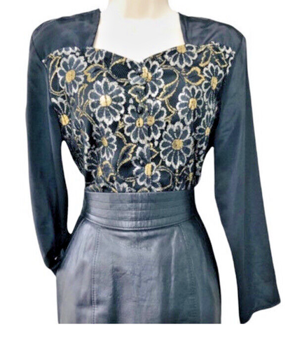 Vintage Blouse 80s Black Top Womens Size 8 10 Dramatic Gothic Satin Gold Retro - Picture 5 of 13