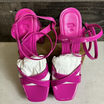 NWT Zara Fuschia Pink Strappy Chunky Platform Heel Sandals