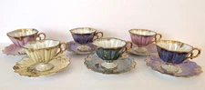 Vintage Lusterware Tea Cups Saucers Set of 6 Iridescent Pink Aqua Yellow Purple