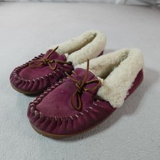LL Bean Slippers Womens Size 11 Purple Suede Shearling Lined Moccasin Shoes