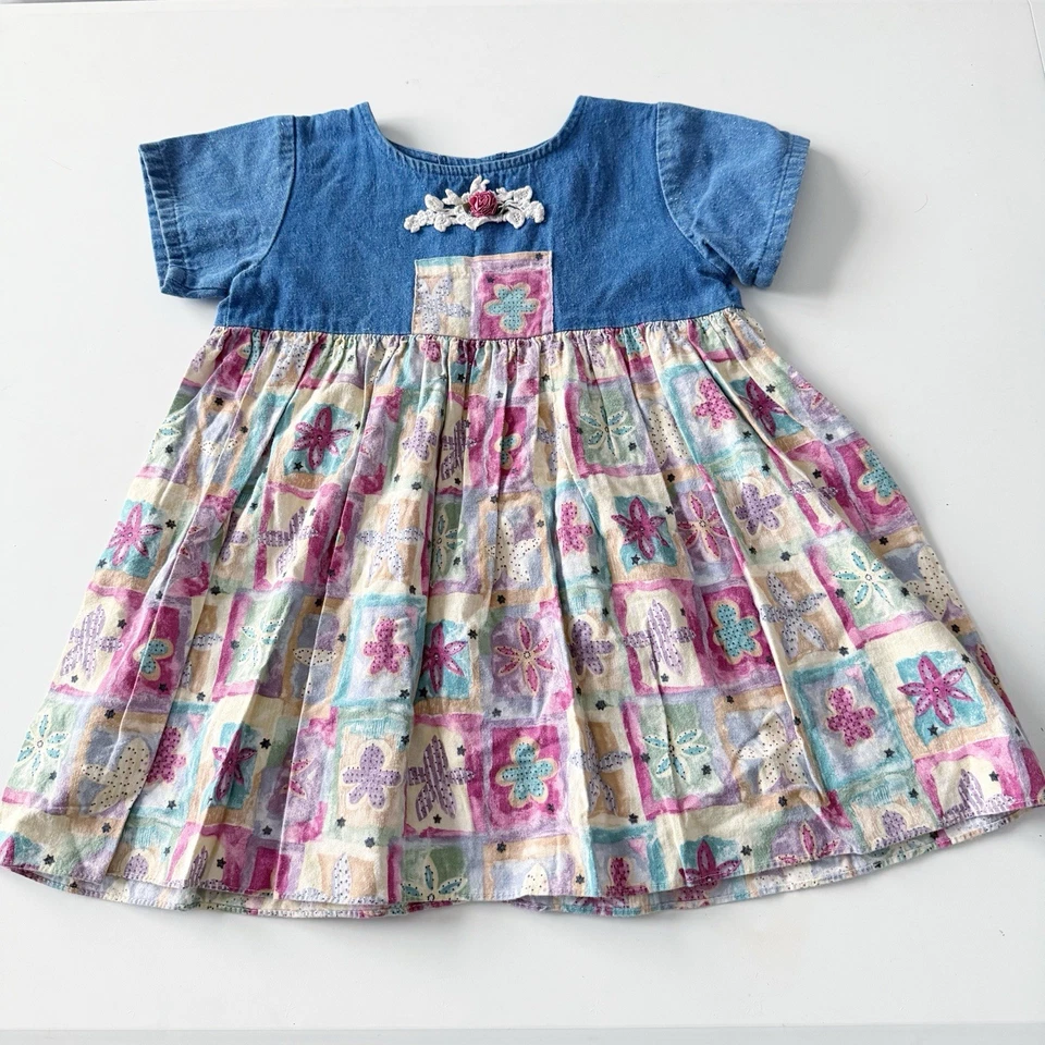 Vtg Cottage Country Prairie Denim Floral Toddler 4T Dress Embroidered Colorful - Image 2 of 4