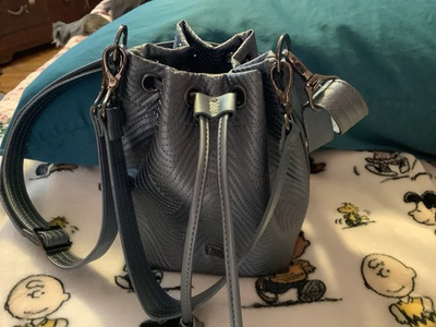 #ad Lug Whirlybird Satin Lux Bucket Bag Metallic Blue Moon. NWOT With 2 Straps. $40.00