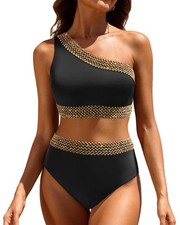 Women Black High Waisted Bikini Set - One Shoulder Two Piece Swimsuits Full C...