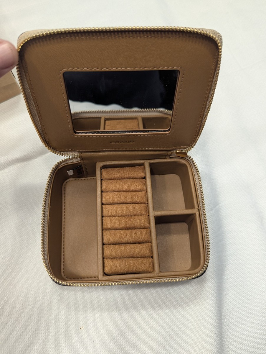 COACH Large Zip Around Jewelry Box Khaki Signature Jacquard Print