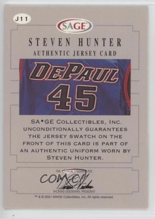 2001 Sage Authentic Jerseys Gold /99 Steven Hunter #J11 Rookie RC - Image 2 of 2