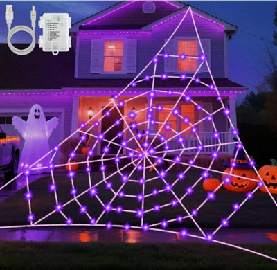 Halloween Deko Spinnennetz Lichter, 5x 5M 120LED lila Licht USB/Batterie