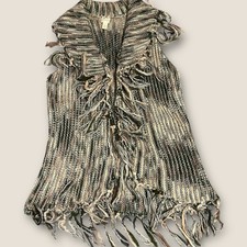 Chico  s Size 2 Knit Sweater Vest Fringe Trim Earth Tone Open Front Boho W05
