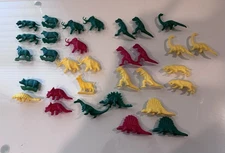 Vintage TIM MEE TOYS Lot (32) Plastic Dinosaurs & Animals Red, Green & Yellow