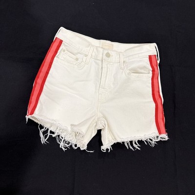 MOTHER Whipping Cream The Sinner Frayed Denim Pink Racer Stripe Shorts Women 24 