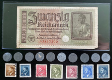 WWII Era Third Reich Nazi Germany Currency Set 20 Reichsmark Note Coins & Stamps