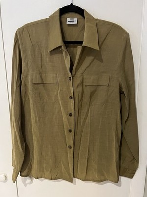 HUCKE Women s Size US 14 Olive Green Blouse Button Up With Shoulder Pads