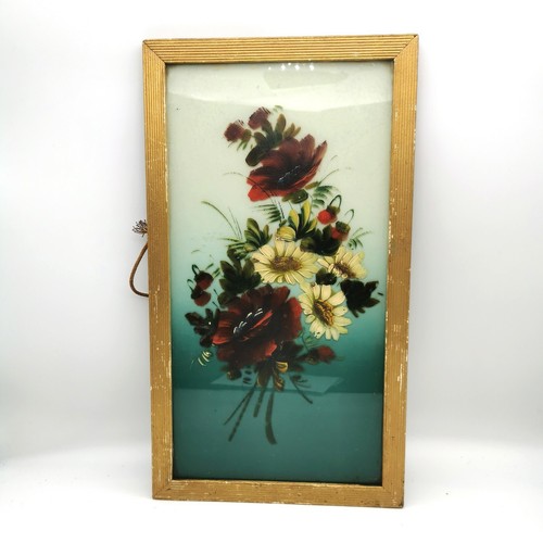 Vintage Oil On Glass Artwork. Floral Painting In Gilt Gold Wooden Frame.