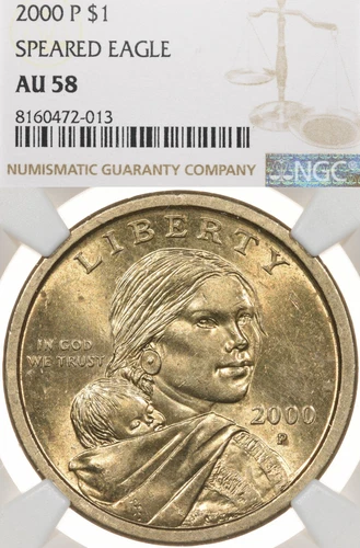 2000-P SAC$1 NGC AU58 Speared Eagle FS-901 Sacagawea Dollar Wounded Variety