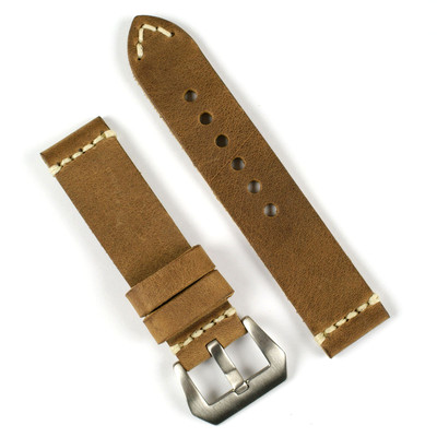 24mm Handsewn Italian Leather Watch Band in Field Drab with Ivory-stitch
