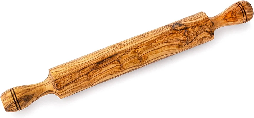 Rodillo clásico de madera de olivo con mango, rodillo de pan de madera para hornear Foto 2 de 4