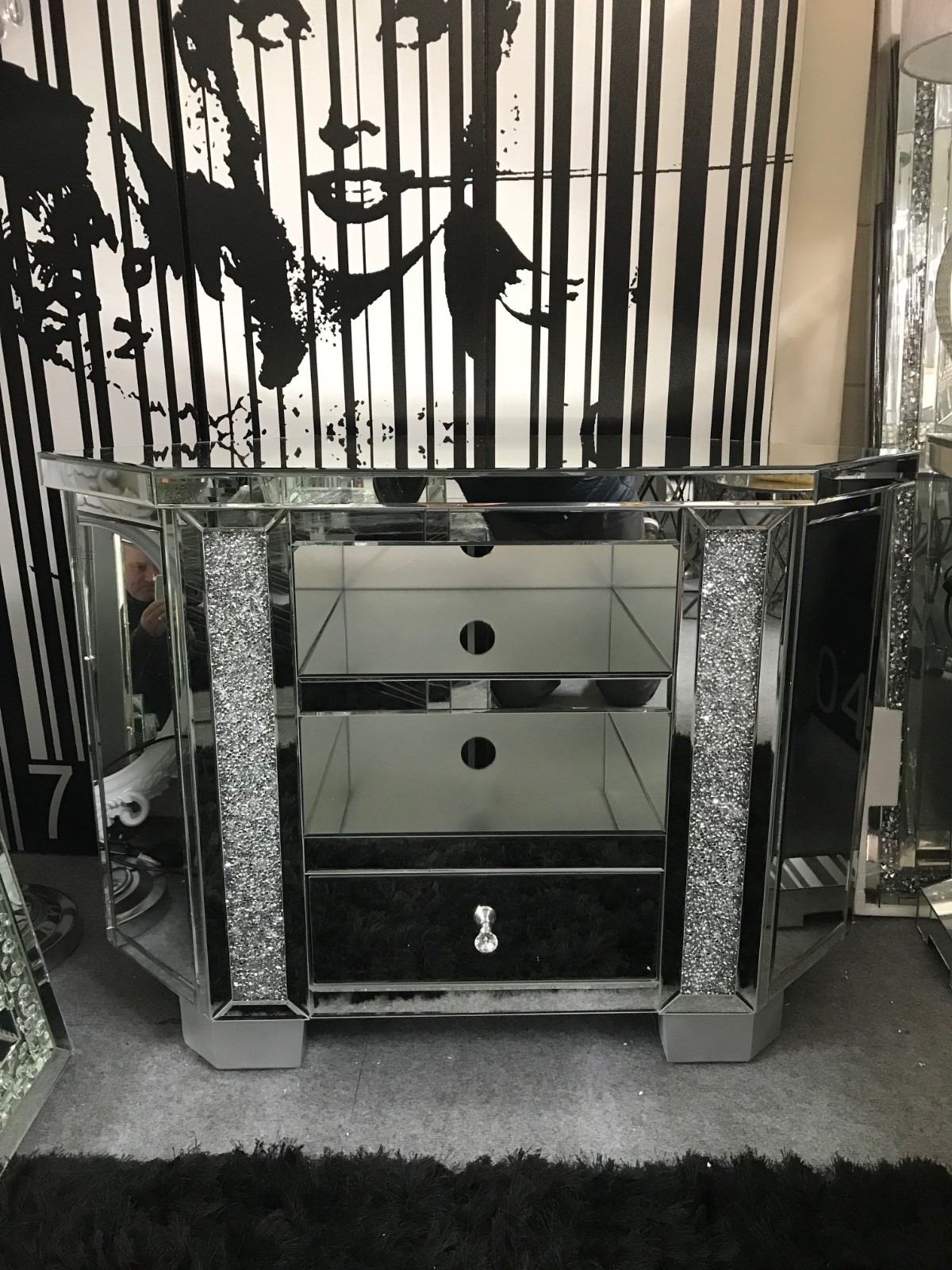 Mirror glass corner TV with crushed crystal sparkle, Tall