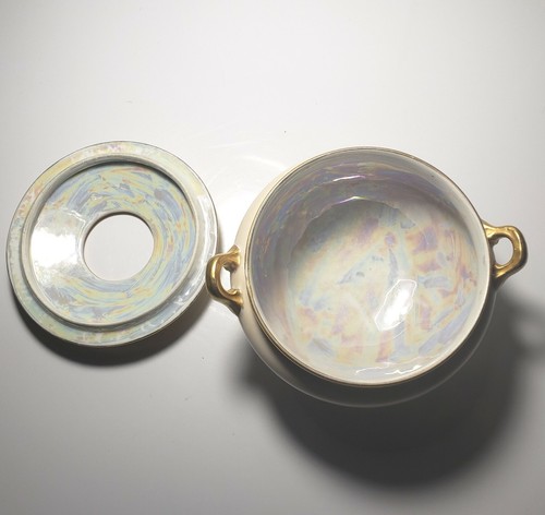 Vtg Footed Porcelain Hair Receiver Signed Ivory/Gold Trim Iridescent Inside - Foto 4 di 14
