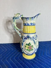 Vintage JAPANESE MARUHON WARE PITCHER Dragon/Fish Handle Floral Yellow Blue