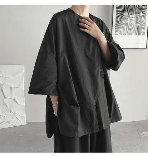 Summer Asymmetrical Seven-Point Sleeve Shirt Mens Button Top T-Shirt Baggy Coat - Bild 20 von 25